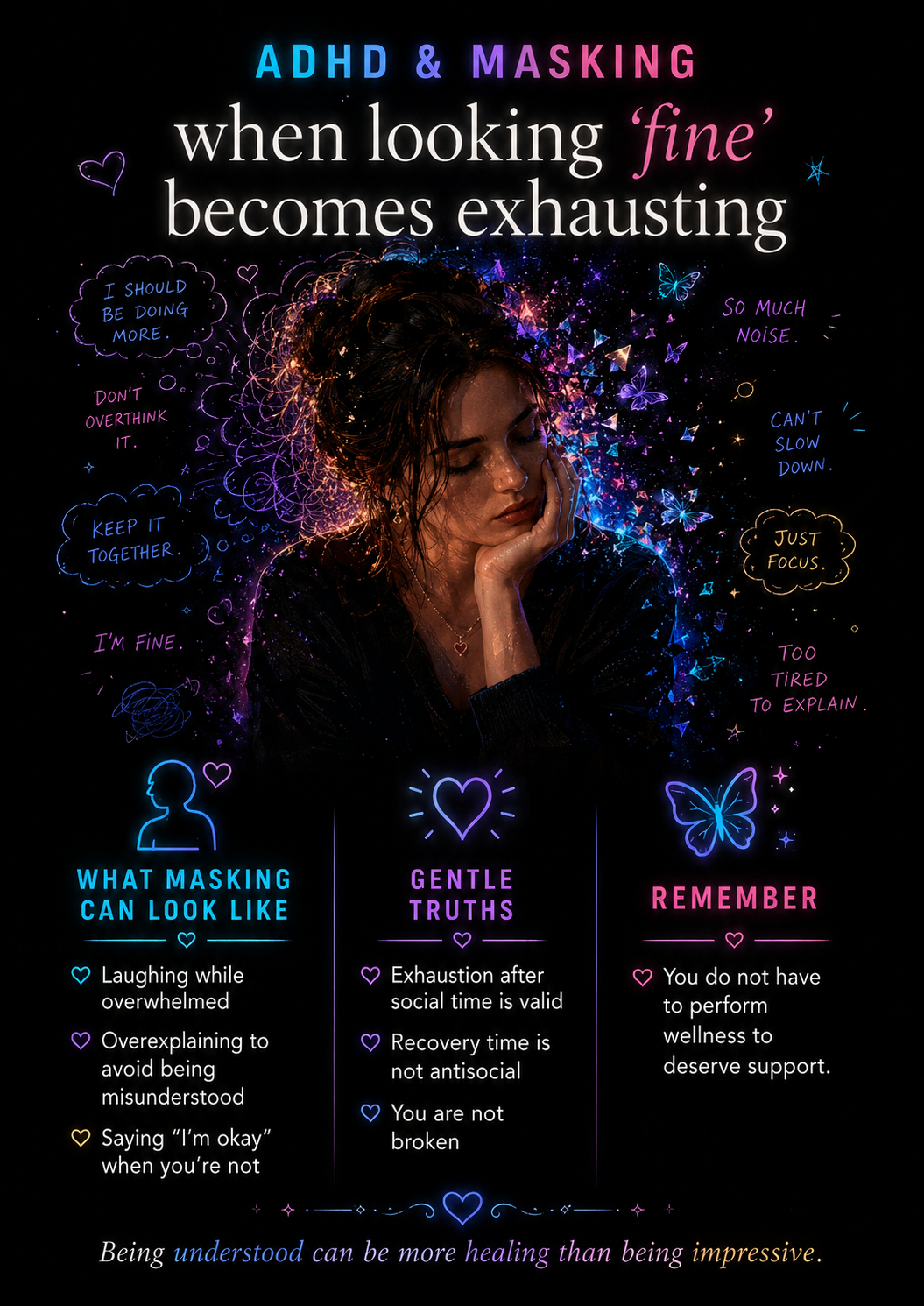 ADHD masking Infographic showing an exhausted woman surrounded by colorful thoughts and reminders, with examples of hiding overwhelm, needing recovery after social interaction, and deserving support without pretending to be fine.