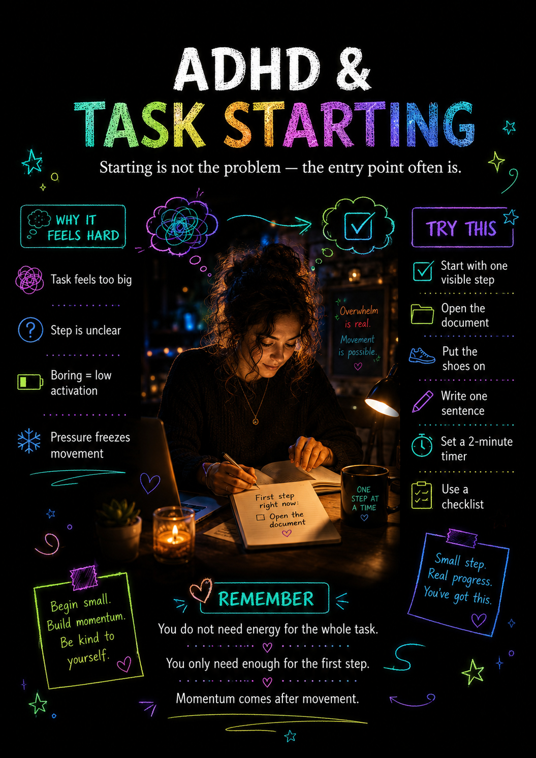 ADHD task-starting infographic showing a woman at a desk, surrrounded by colorful visual reminders and practical tips for reducing first step, using a timer, and building momentum without pressure.