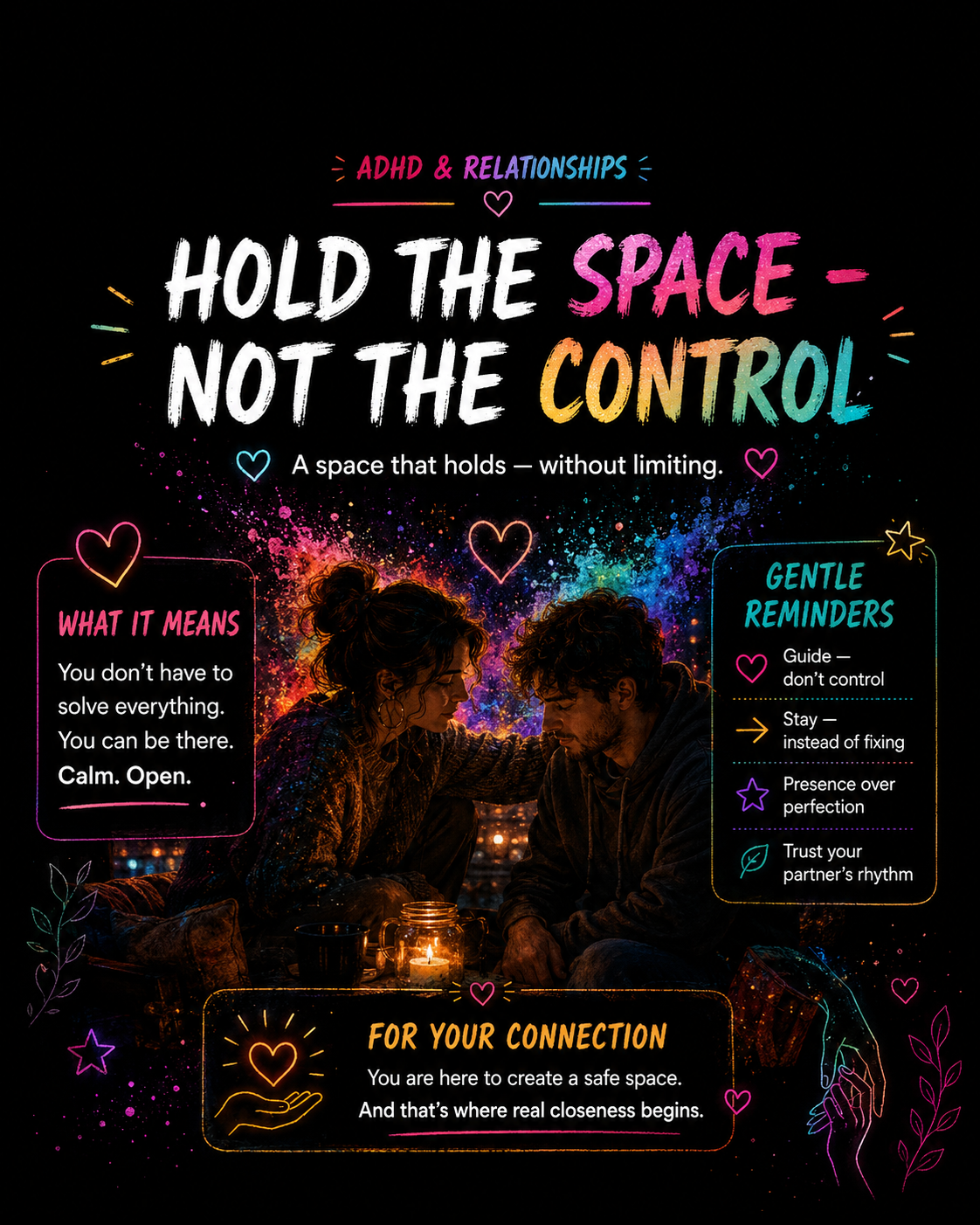 Infographic about ADHD and relationships with the title - "Hold the Space - Not the Control" showing a couple and gentle reminders about offering calm, supportive presence without trying to fix or control everythin.