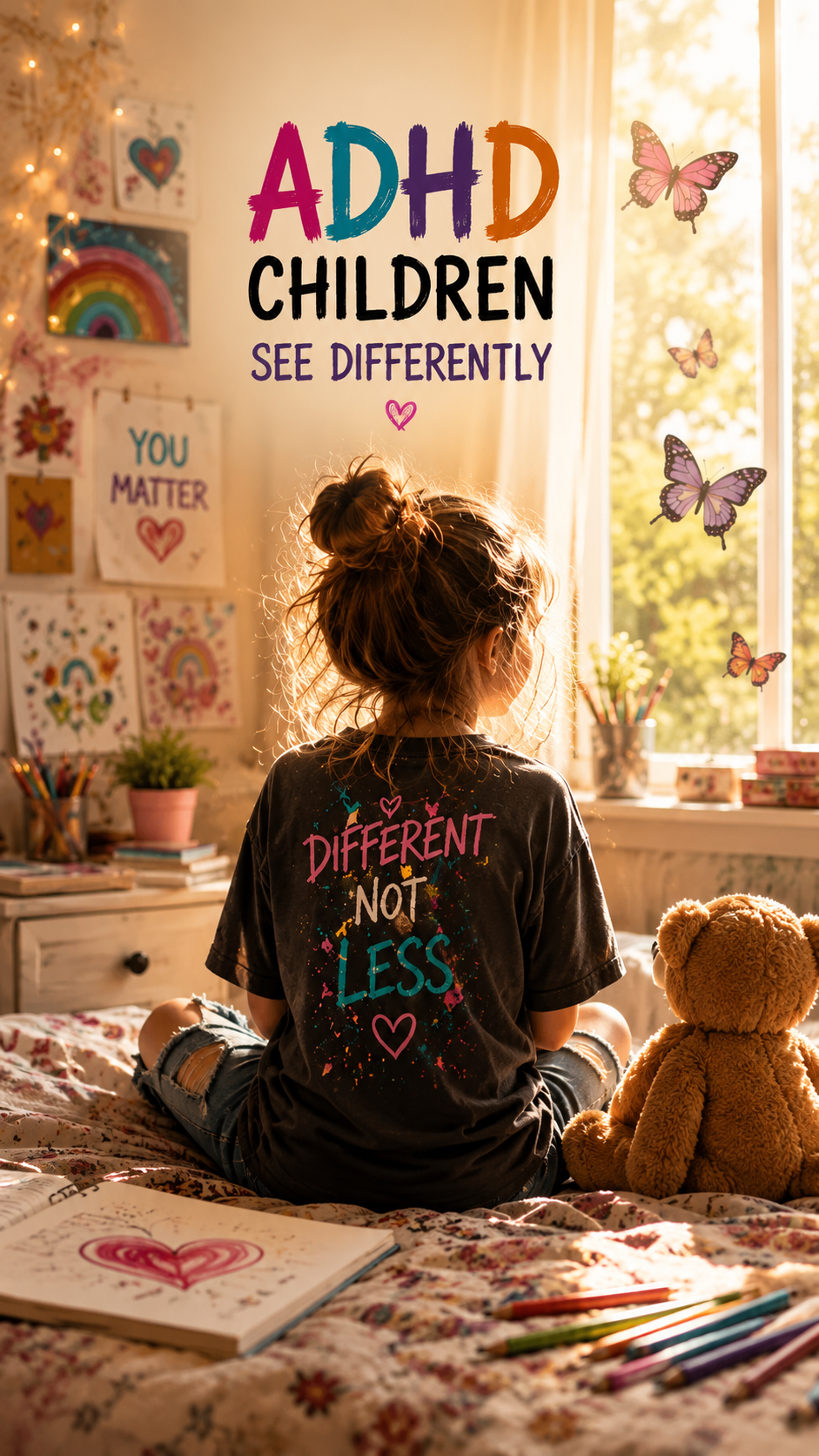 Warm ADHD awareness image on ab bed beside a teddy bear in a sunlit bedroom, with the messages "ADHD Children  See Differently", "Different, Not Less", and supportive rainbow artwork.
