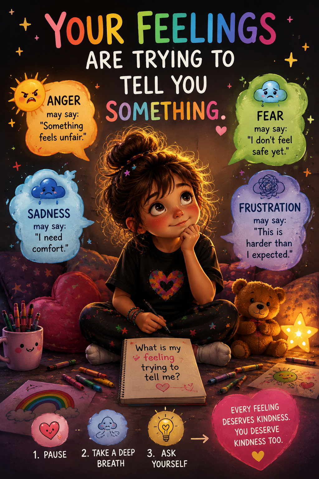 Child surrounded by colorful emotion bubbles, learning what feelings may be trying to communicate.