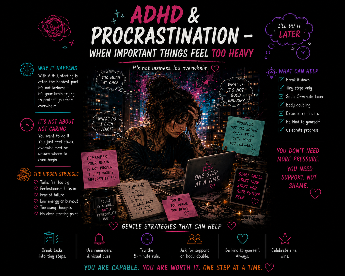 ADHD & Procrastination infographic showing a tattooed woman overwhelmed at a cluttered desk, surrounded by colorful notes, thoughts and gentle strategies for breaking tasks into smaller steps.