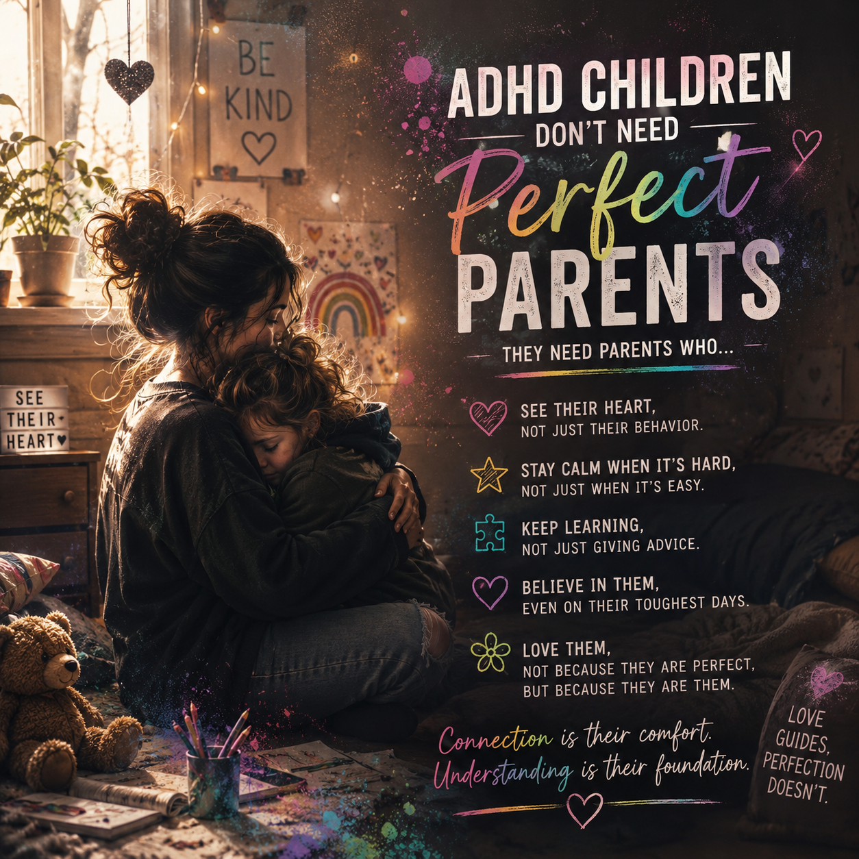ADHD parenting infographic showing a mother comforting her child in a warm, softly lit room, with supportive reminders about staying calm, seeing the child beyond their behavior, believing in them, and choosing connection over perfection.