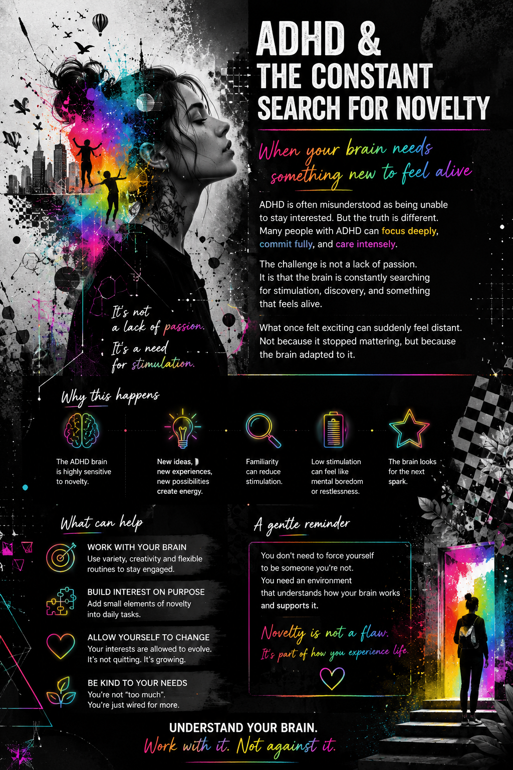 ADHD novelty-seeking infographic featuring a woman in profile with colorful double-exposure elements, surrounded by explanations of why familiar tasks can lose stimulation and practical tips for working with the brain’s need for variety.