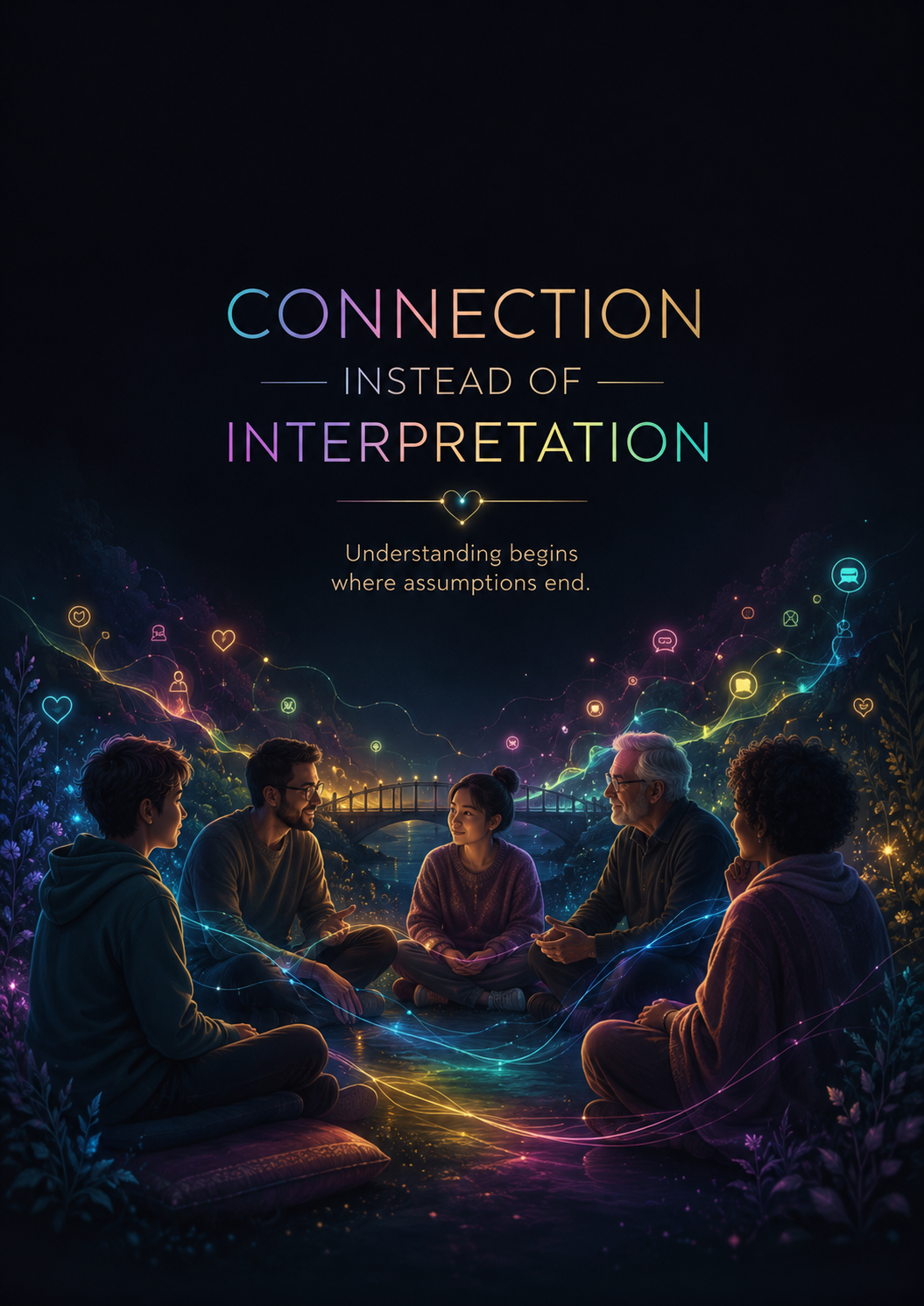 Inclusive illustration titled “Connection Instead of Interpretation,” showing children, adults, and an older person sharing a calm conversation, connected by glowing rainbow-colored lines symbolizing empathy, understanding, and open communication.