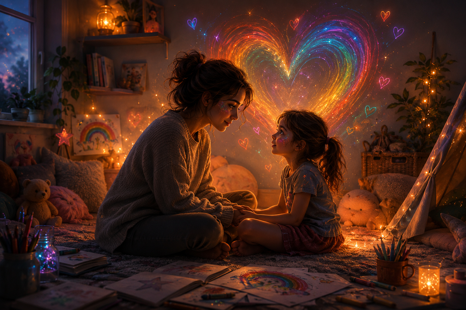 Mother comforting her young daughter in a cozy children's room with warm rainbow light, symbolizing emotional safety, connection, empathy, and support for children's big feelings, emotional regulation, and positive parenting.