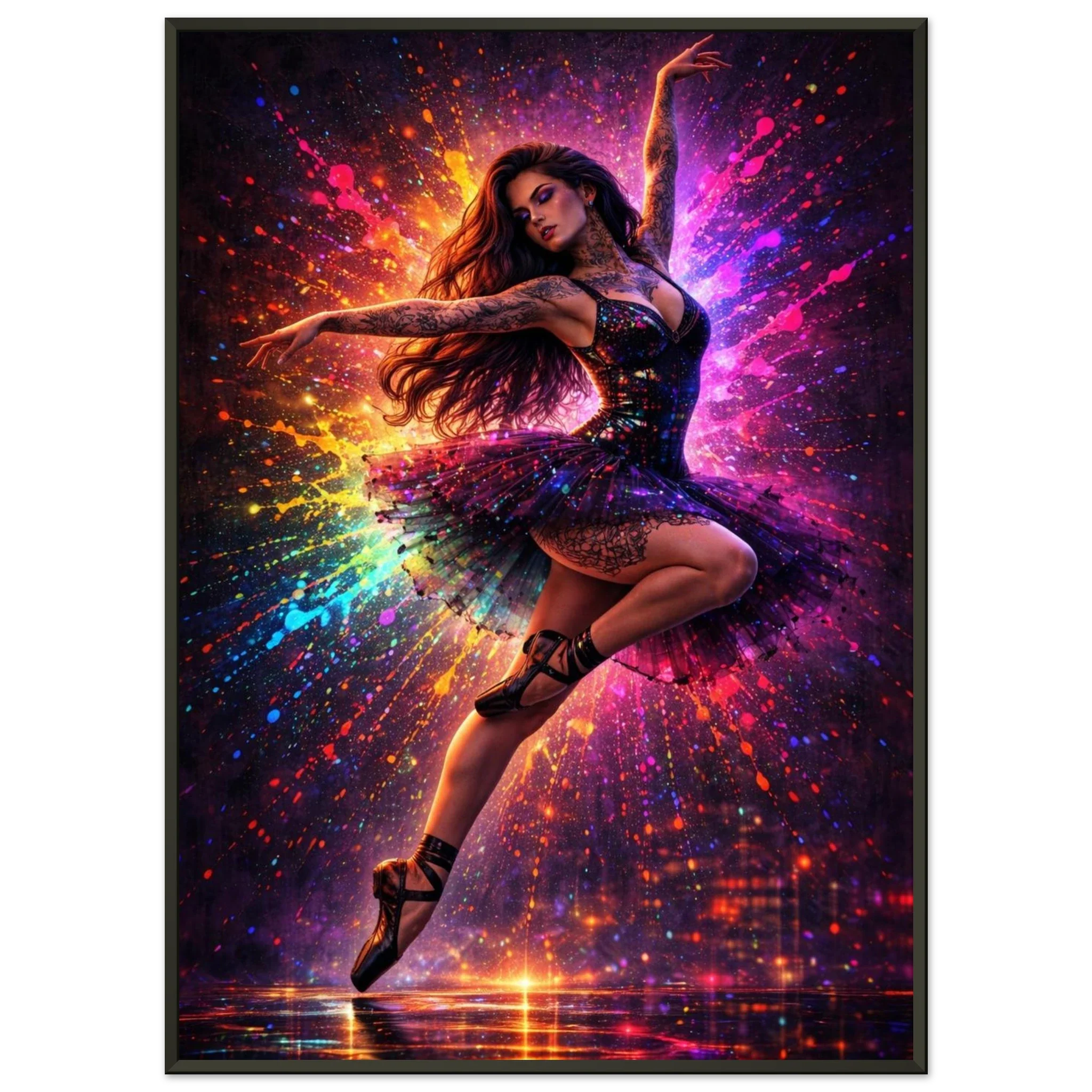 Energetic modern dancer surrounded by glowing rainbow light explosions and vivid neon particles agaings a dark background - expressive contemporary fantasy artwork symbolizing movement, passion, creativity, and freedom.