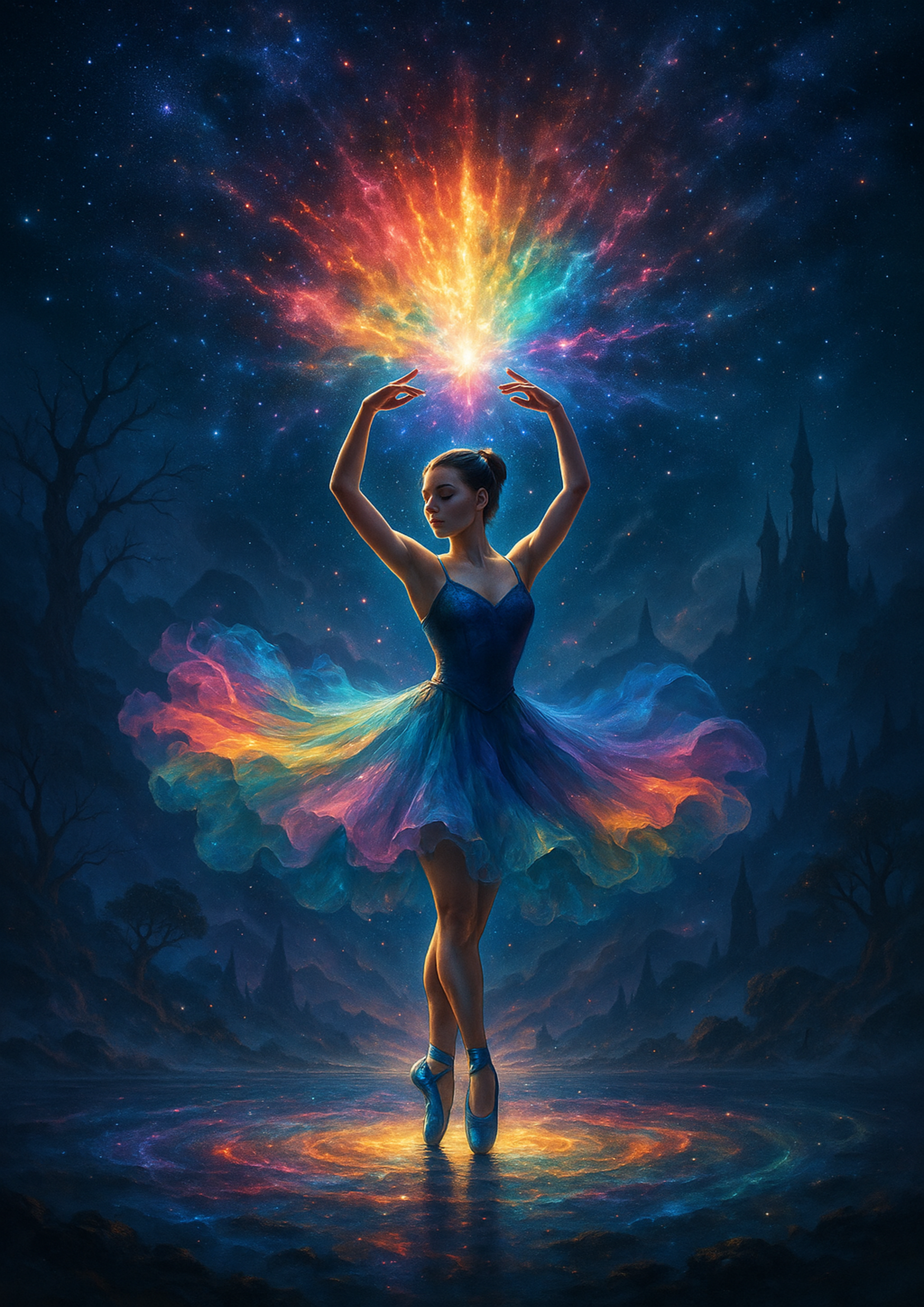 Colorful fantasy ballerina surrounded by gloing rainbow energy and magical light effects in a dark dreamlike landscape - emotional modern artwork symbolizing creativity, freedom, hope, and inner light.