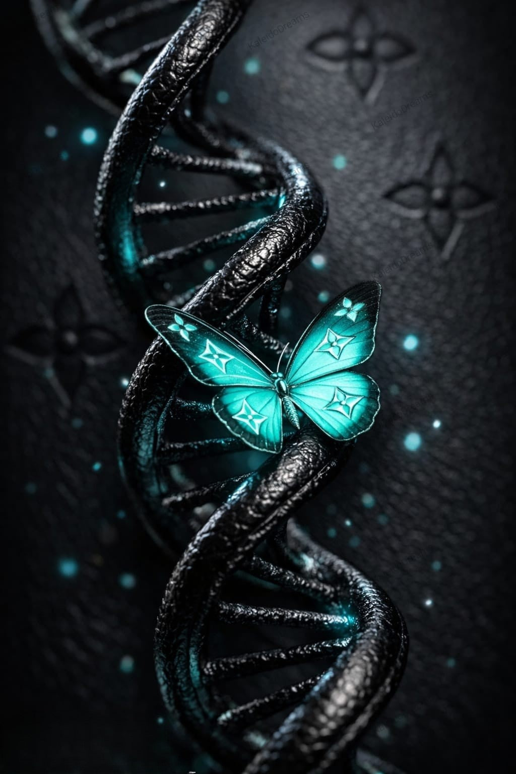 Glowing turquoise butterfly resting on a dark DNA spiral with luminous particles and futuristic fantasy atmosphere - emotional modern artwork symbolizing transformation, identity, and inner strength.