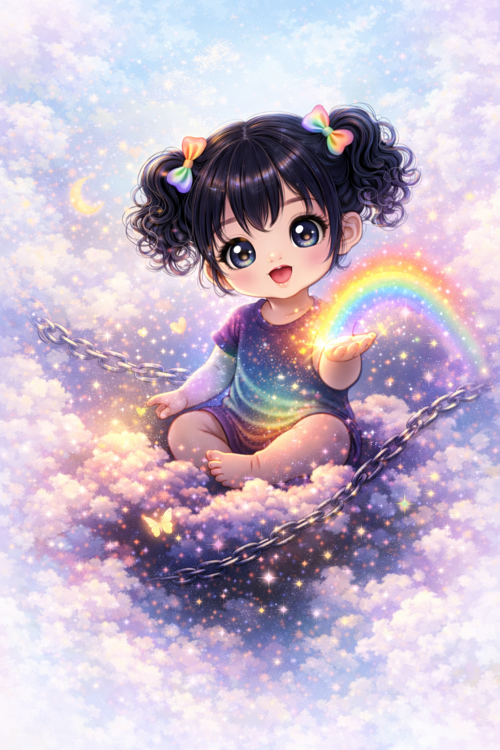 Cute fantasy-inspired baby character surrounded by soft glowing light, pastel clouds, and a magical rainbow atmosphere- dreamy baby artwork symbolizing innocence, imagination, warmth, and inner light.