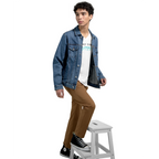 Lifestyle mockup of a model wearing a white V-neck T-shirt with the motivational quote ‘MAKE TIME MATTER,’ styled with a blue denim jacket for a casual everyday look.