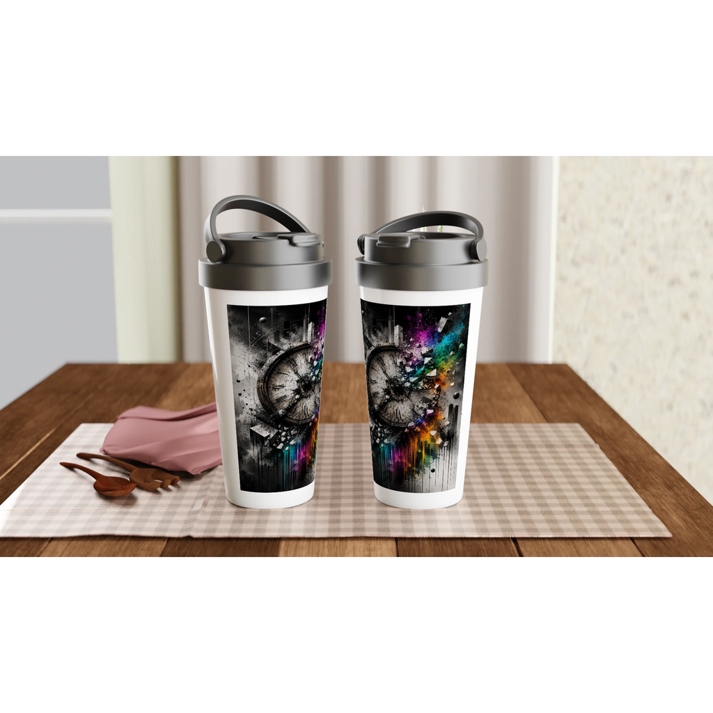 Two 15oz stainless steel travel mugs displayed on a wooden table, each featuring a surreal street art design of a shattered vintage clock. The artwork blends a predominantly black-and-white composition with vibrant rainbow powder splashes, geometric fragments, and expressive paint drips, creating a bold artistic interpretation of time and transformation.