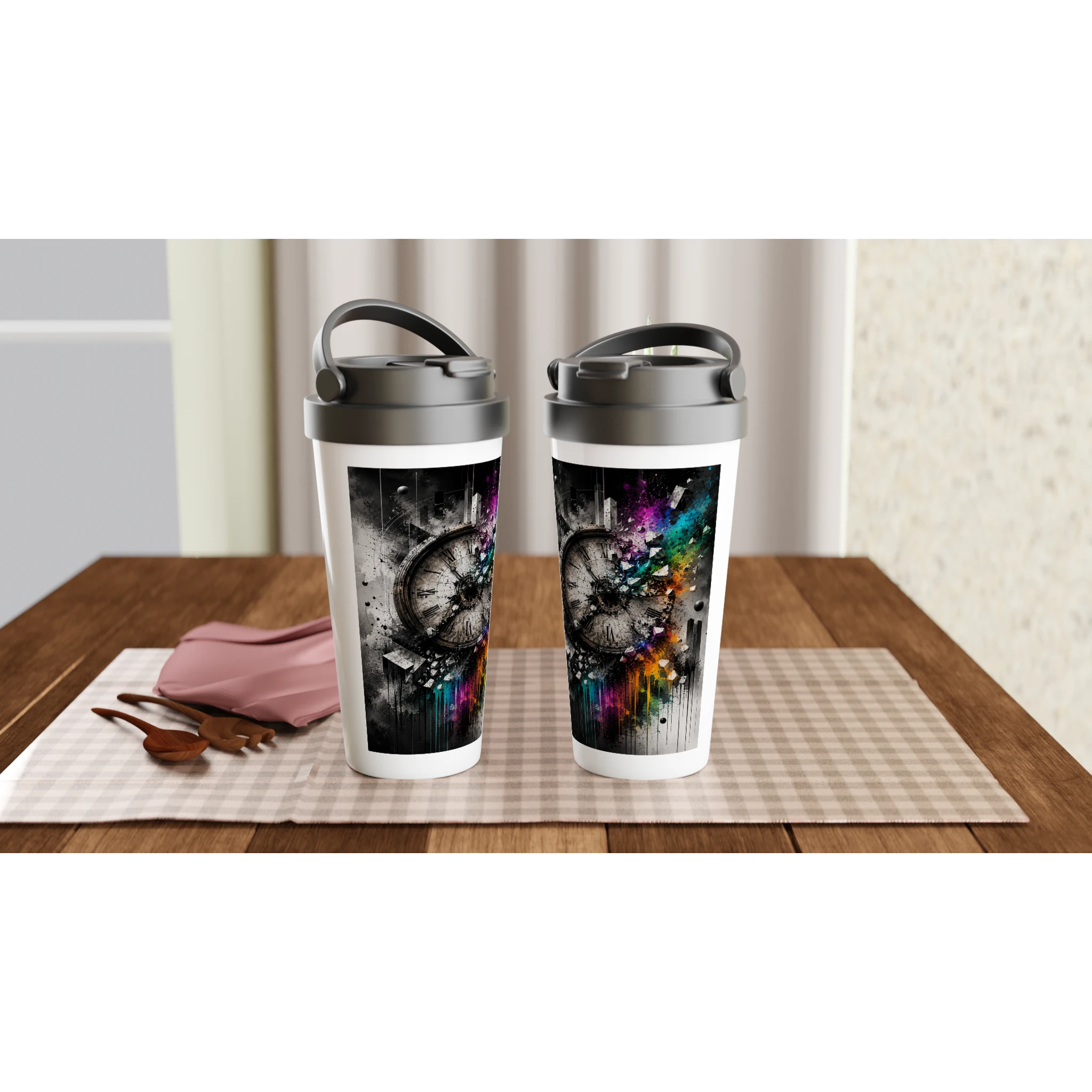 Two 15oz stainless steel travel mugs displayed on a wooden table, each featuring a surreal street art design of a shattered vintage clock. The artwork blends a predominantly black-and-white composition with vibrant rainbow powder splashes, geometric fragments, and expressive paint drips, creating a bold artistic interpretation of time and transformation.