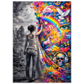 Surreal wall art poster featuring a woman pulling back a grey curtain to reveal a vibrant neon rainbow world filled with urban street art and symbolic imagery.