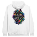 White Gildan hoodie with colorful “Your Light Is Still Yours” back print featuring neon rainbow swirls, black details and gold typography.