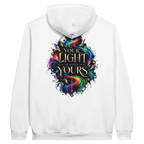 White Gildan hoodie with colorful “Your Light Is Still Yours” back print featuring neon rainbow swirls, black details and gold typography.