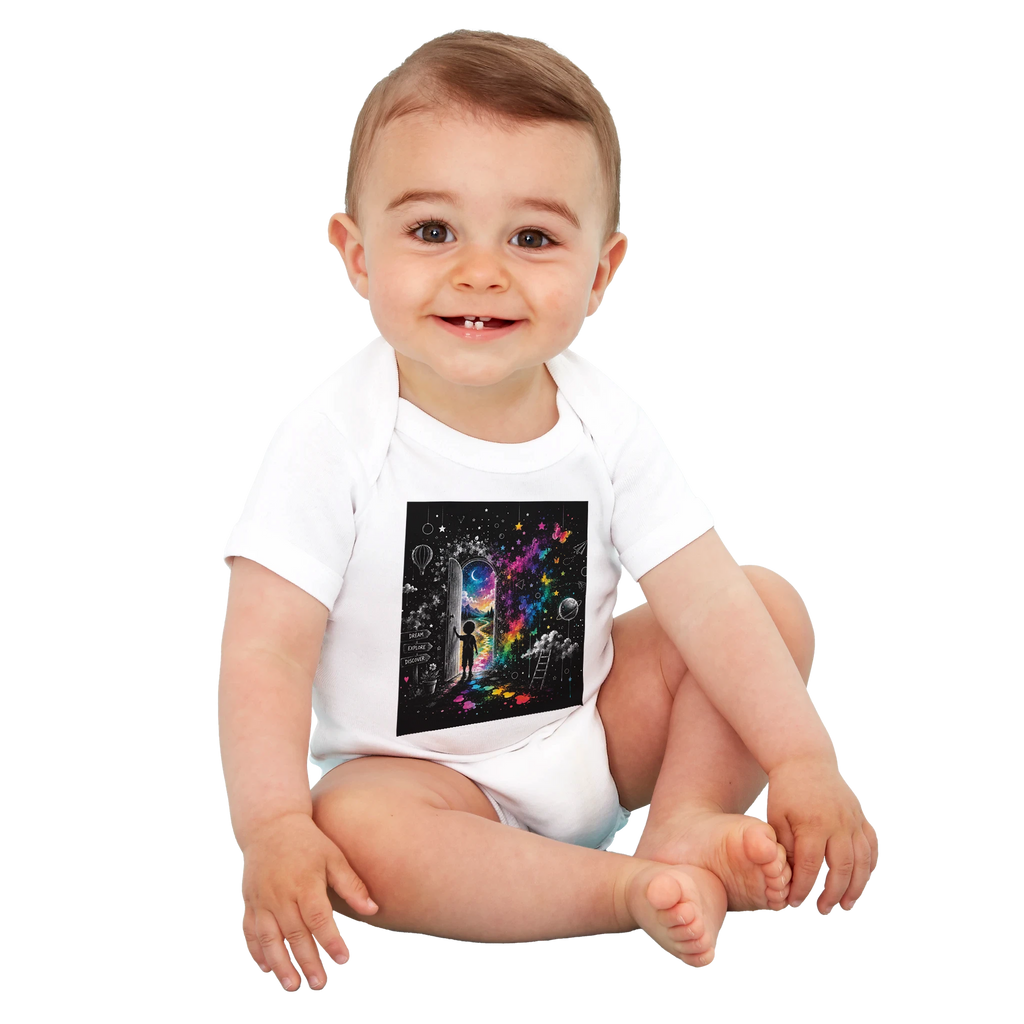 Smiling baby wearing a white organic bodysuit with a colorful moonlit fantasy doorway design, sitting on a transparent background.