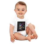 Smiling baby wearing a white organic bodysuit with a colorful moonlit fantasy doorway design, sitting on a transparent background.
