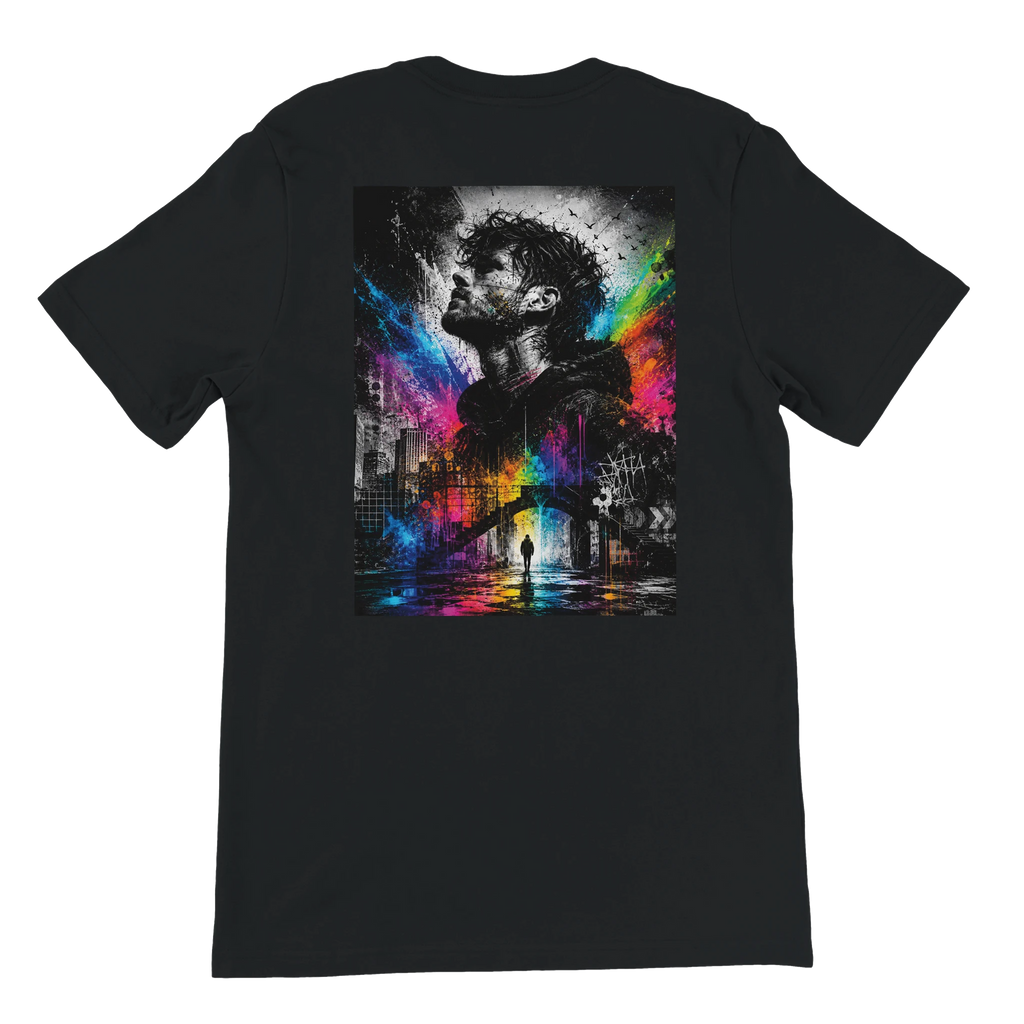 Black unisex T-shirt shown from the back with a large surreal urban artwork featuring a monochrome male portrait, city architecture, a small silhouetted figure, and vivid rainbow neon color splashes.