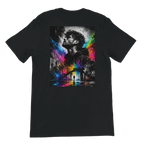 Black unisex T-shirt shown from the back with a large surreal urban artwork featuring a monochrome male portrait, city architecture, a small silhouetted figure, and vivid rainbow neon color splashes.