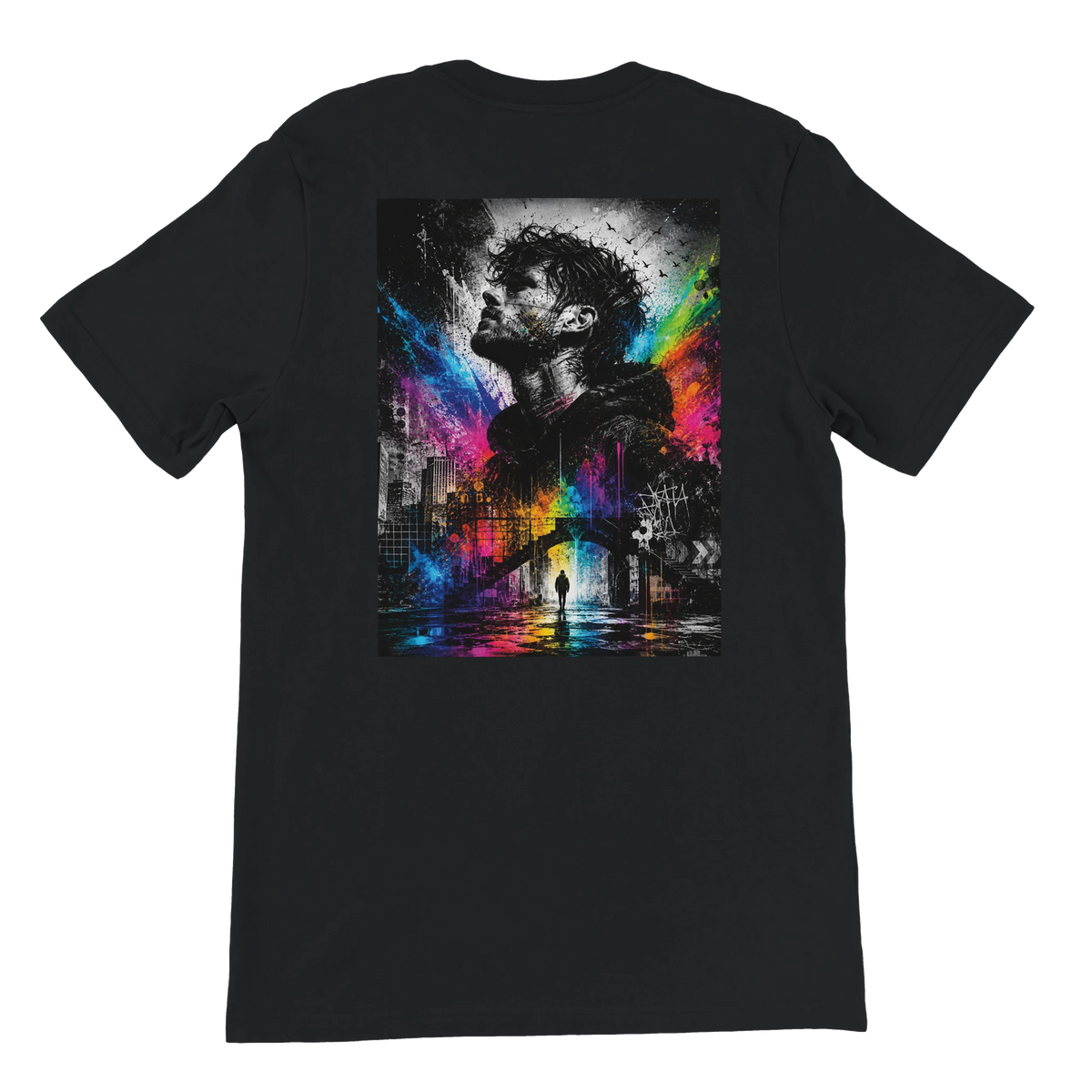 Black unisex T-shirt shown from the back with a large surreal urban artwork featuring a monochrome male portrait, city architecture, a small silhouetted figure, and vivid rainbow neon color splashes.
