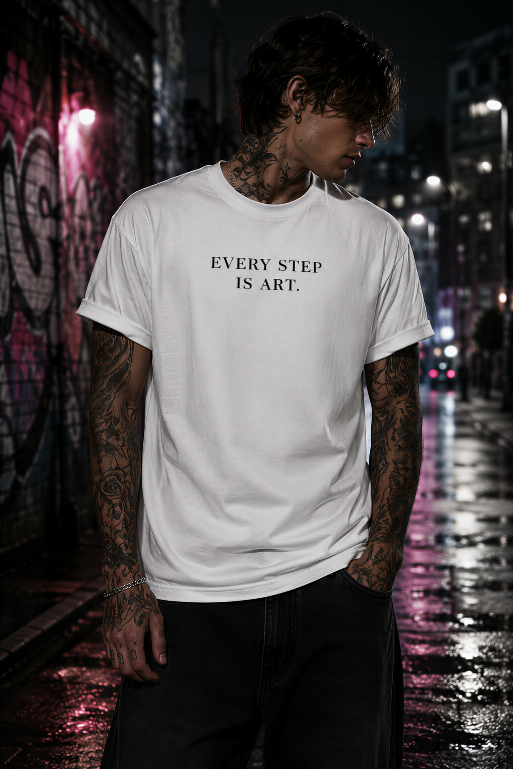 Tattooed men wearing a Personiq Kaleido T-Shirt with "Every step is art." front design and mininmalist streetwear style.