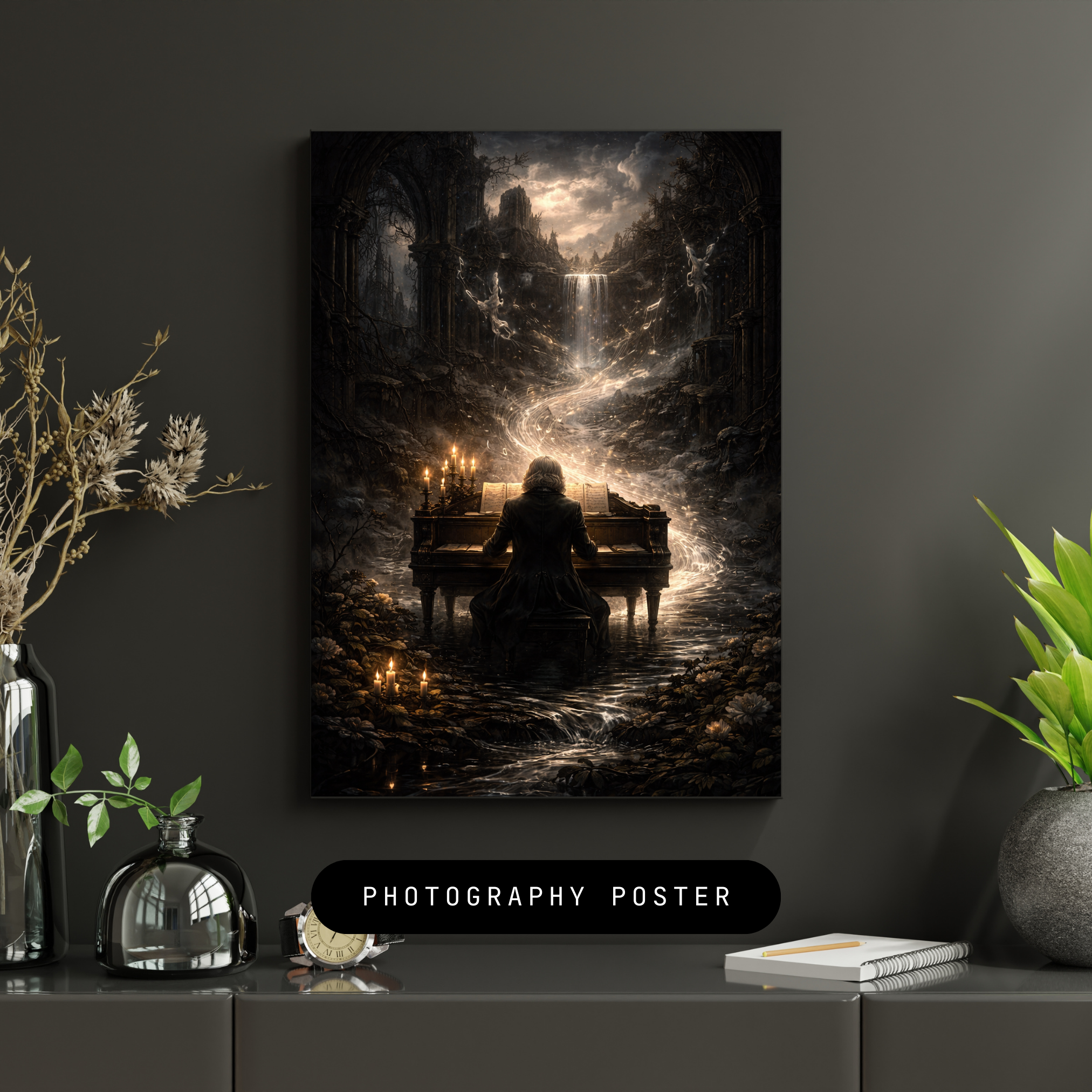 Mann am Klavier | Dark Fantasy KI Wandkunst l Printable Art