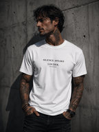 Tattooed men wearing a Personiq Kaleido T-Shirt with "Silence speaks louder." front design and mininmalist streetwear style.