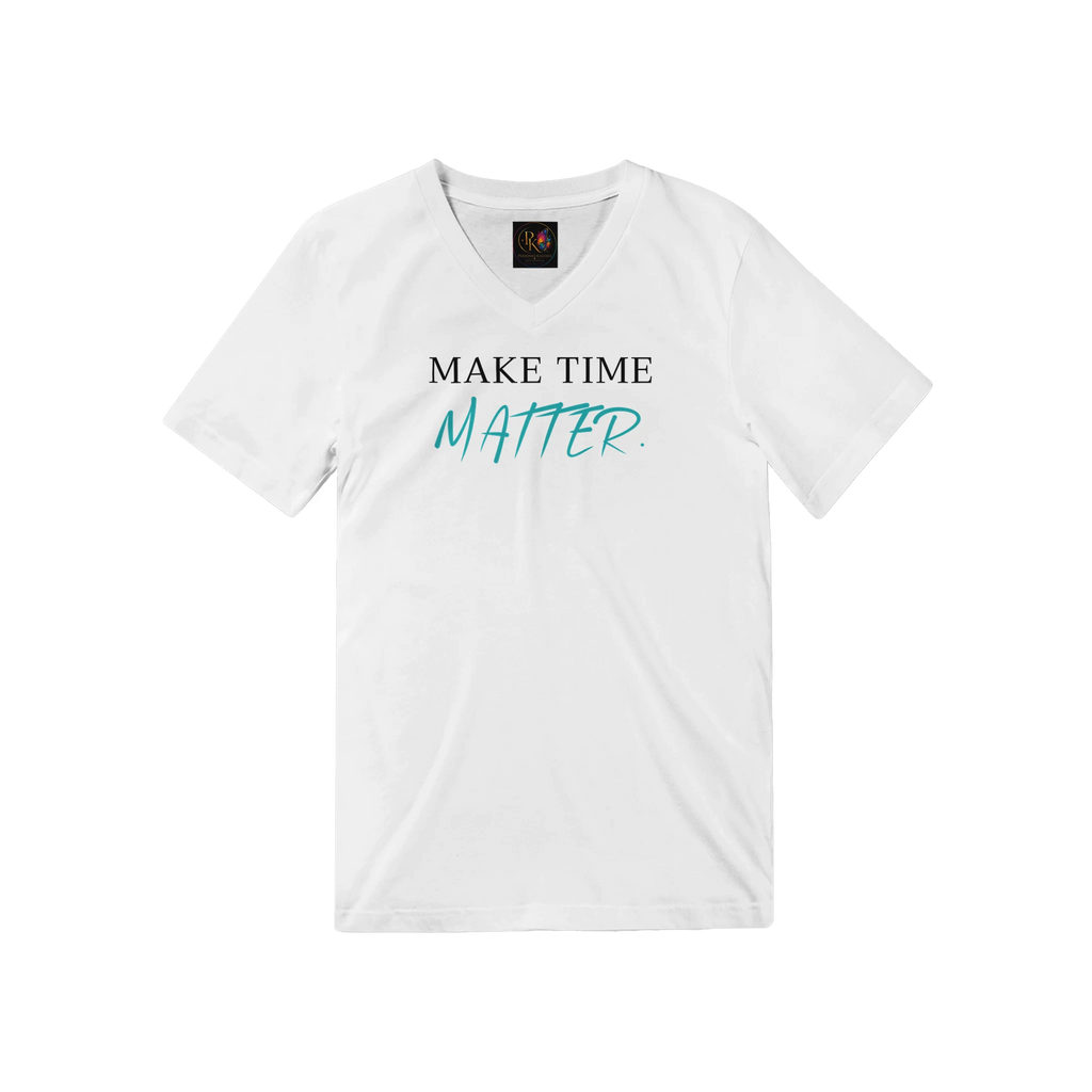 Front view of a white unisex V-neck T-shirt featuring the motivational quote 'MAKE TIME MATTER.' in black and turquoise typography. Clean minimalist design with a soft premium fabric and modern everyday style.