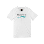 Front view of a white unisex V-neck T-shirt featuring the motivational quote 'MAKE TIME MATTER.' in black and turquoise typography. Clean minimalist design with a soft premium fabric and modern everyday style.