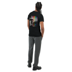 Black unisex T-shirt shown from the back featuring the “Color the Grey” design with a woman under an umbrella, a monochrome city skyline, and neon rainbow graffiti colors.