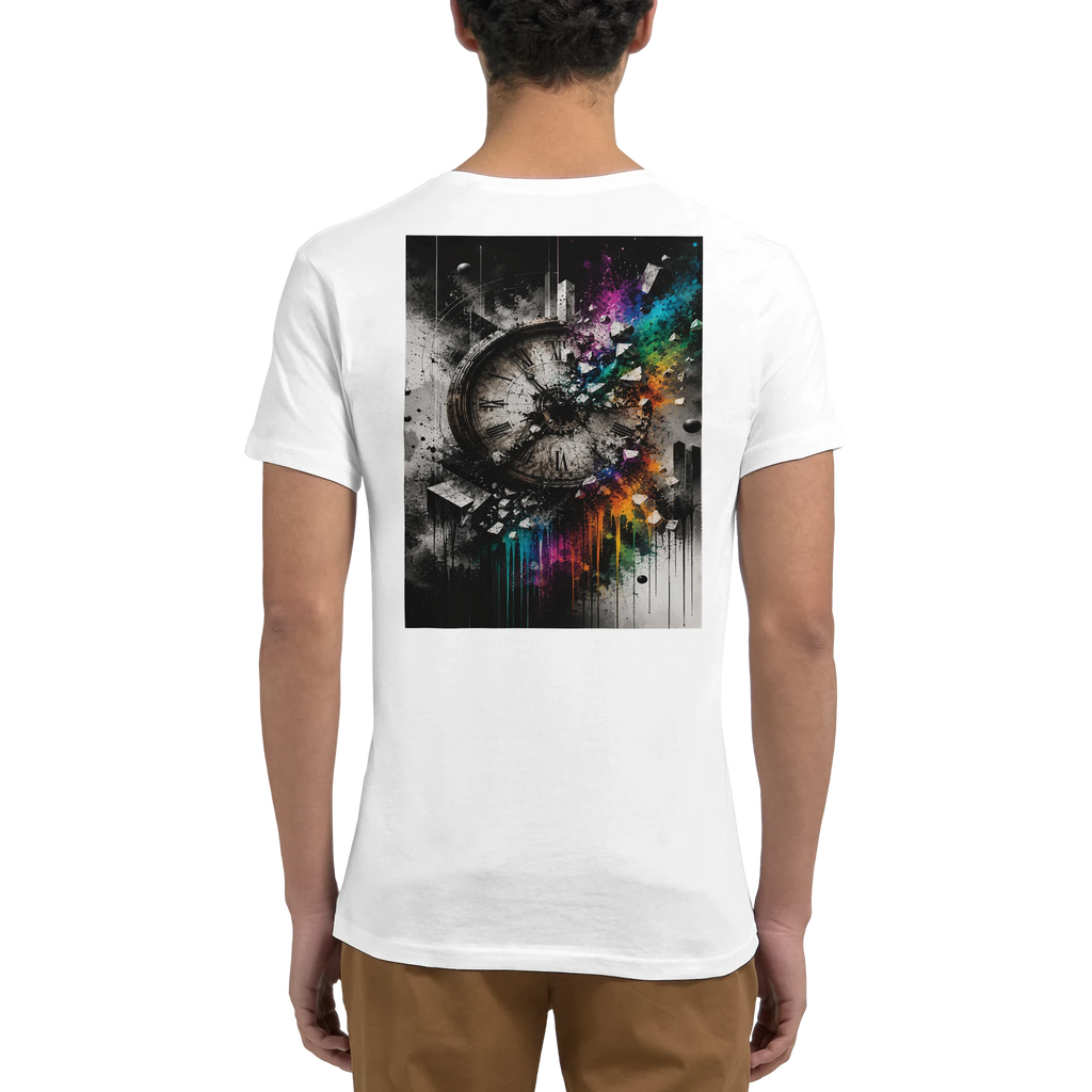 Back view of a model wearing a white premium unisex T-shirt featuring a large artistic graphic on the back. The design combines a distressed vintage clock with monochrome urban textures and a vibrant rainbow color explosion, symbolizing the passage of time, transformation, creativity, and living with purpose.