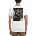 Back view of a model wearing a white premium unisex T-shirt featuring a large artistic graphic on the back. The design combines a distressed vintage clock with monochrome urban textures and a vibrant rainbow color explosion, symbolizing the passage of time, transformation, creativity, and living with purpose.