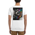 Back view of a model wearing a white premium unisex T-shirt featuring a large artistic graphic on the back. The design combines a distressed vintage clock with monochrome urban textures and a vibrant rainbow color explosion, symbolizing the passage of time, transformation, creativity, and living with purpose.