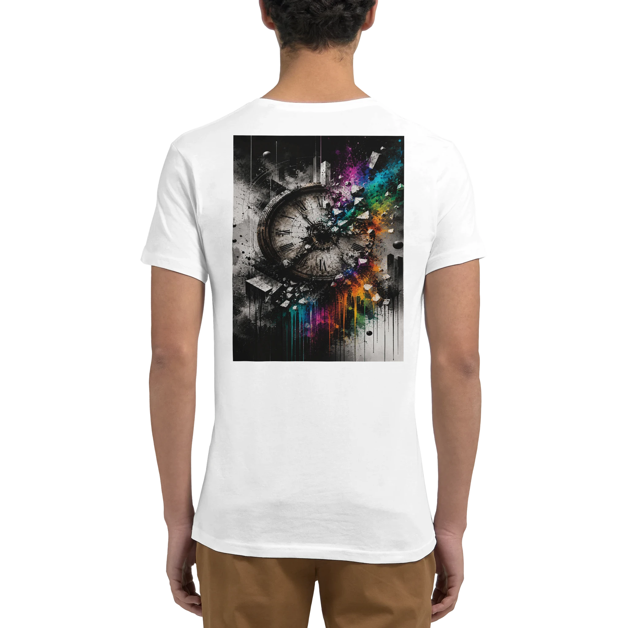 Back view of a model wearing a white premium unisex T-shirt featuring a large artistic graphic on the back. The design combines a distressed vintage clock with monochrome urban textures and a vibrant rainbow color explosion, symbolizing the passage of time, transformation, creativity, and living with purpose.