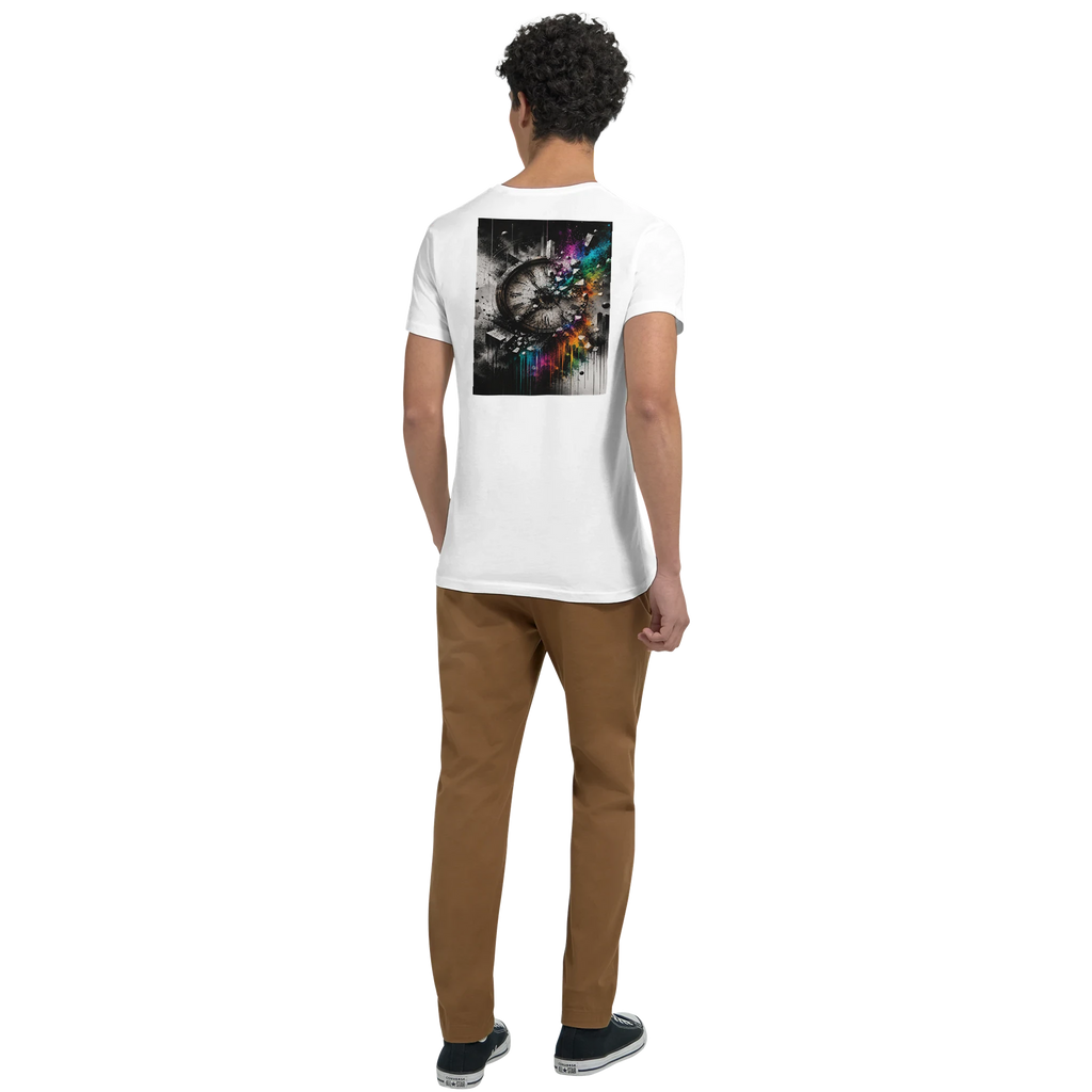 Rear view of a person wearing a white premium unisex V-neck T-shirt featuring a large surreal street art illustration on the back. The artwork depicts a fractured vintage clock in a predominantly black-and-white composition with vibrant rainbow powder splashes, geometric fragments, and expressive paint drips, symbolizing time, transformation, and creative expression.