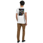 Rear view of a person wearing a white premium unisex V-neck T-shirt featuring a large surreal street art illustration on the back. The artwork depicts a fractured vintage clock in a predominantly black-and-white composition with vibrant rainbow powder splashes, geometric fragments, and expressive paint drips, symbolizing time, transformation, and creative expression.