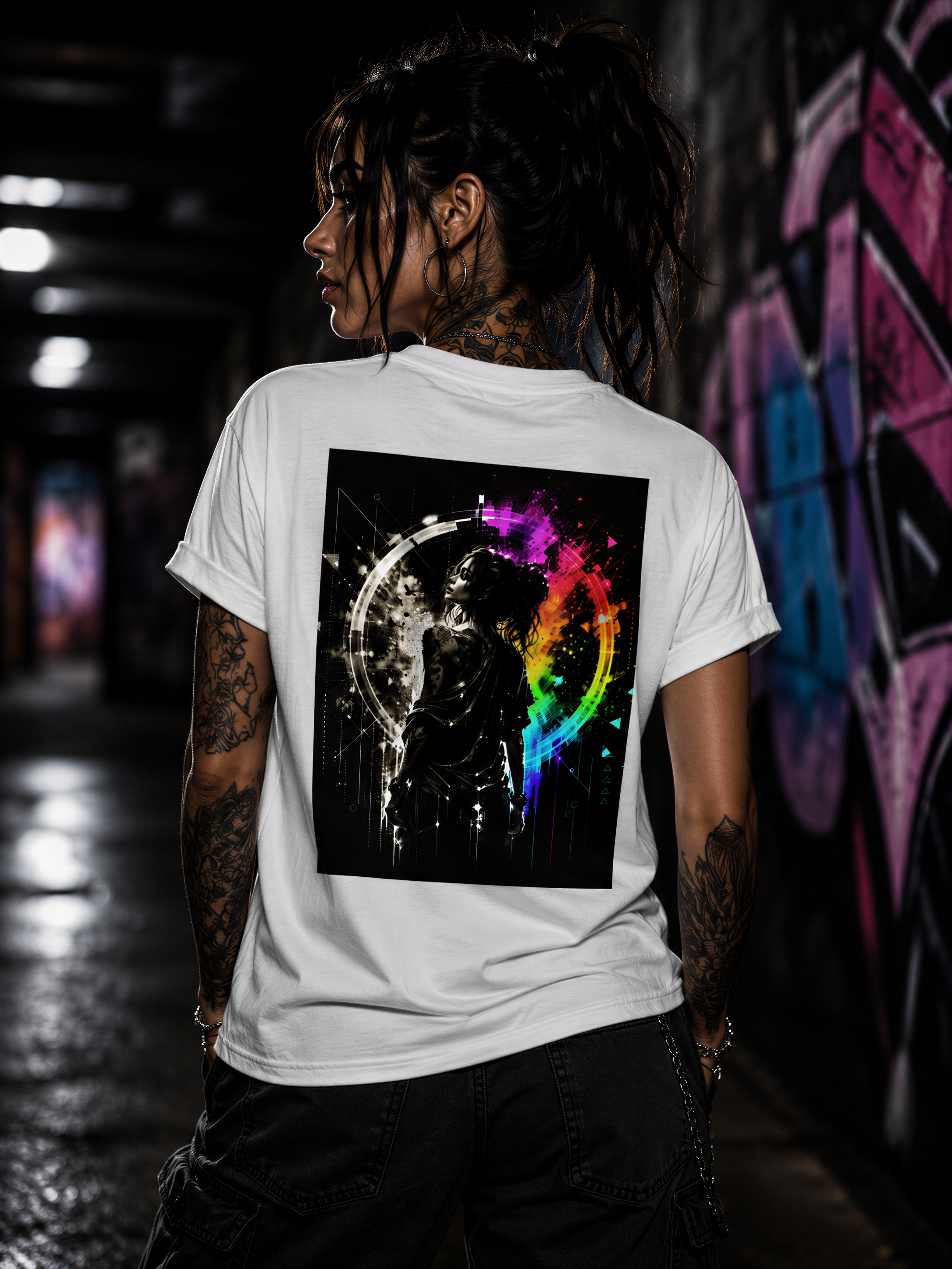 A person wearing a white t-shirt with a graphic design on the back, standing in a dimly lit hallway with graffiti-covered walls in the background.