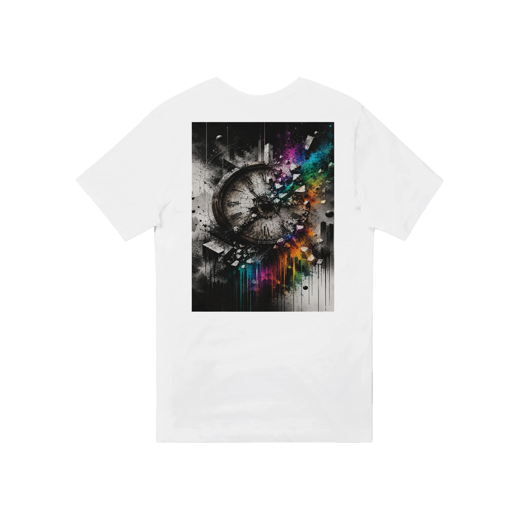 Back view of a white unisex V-neck T-shirt featuring a large surreal street art graphic of a shattered vintage clock with rainbow powder splashes, symbolizing time, transformation, and creative expression.