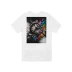Back view of a white unisex V-neck T-shirt featuring a large surreal street art graphic of a shattered vintage clock with rainbow powder splashes, symbolizing time, transformation, and creative expression.
