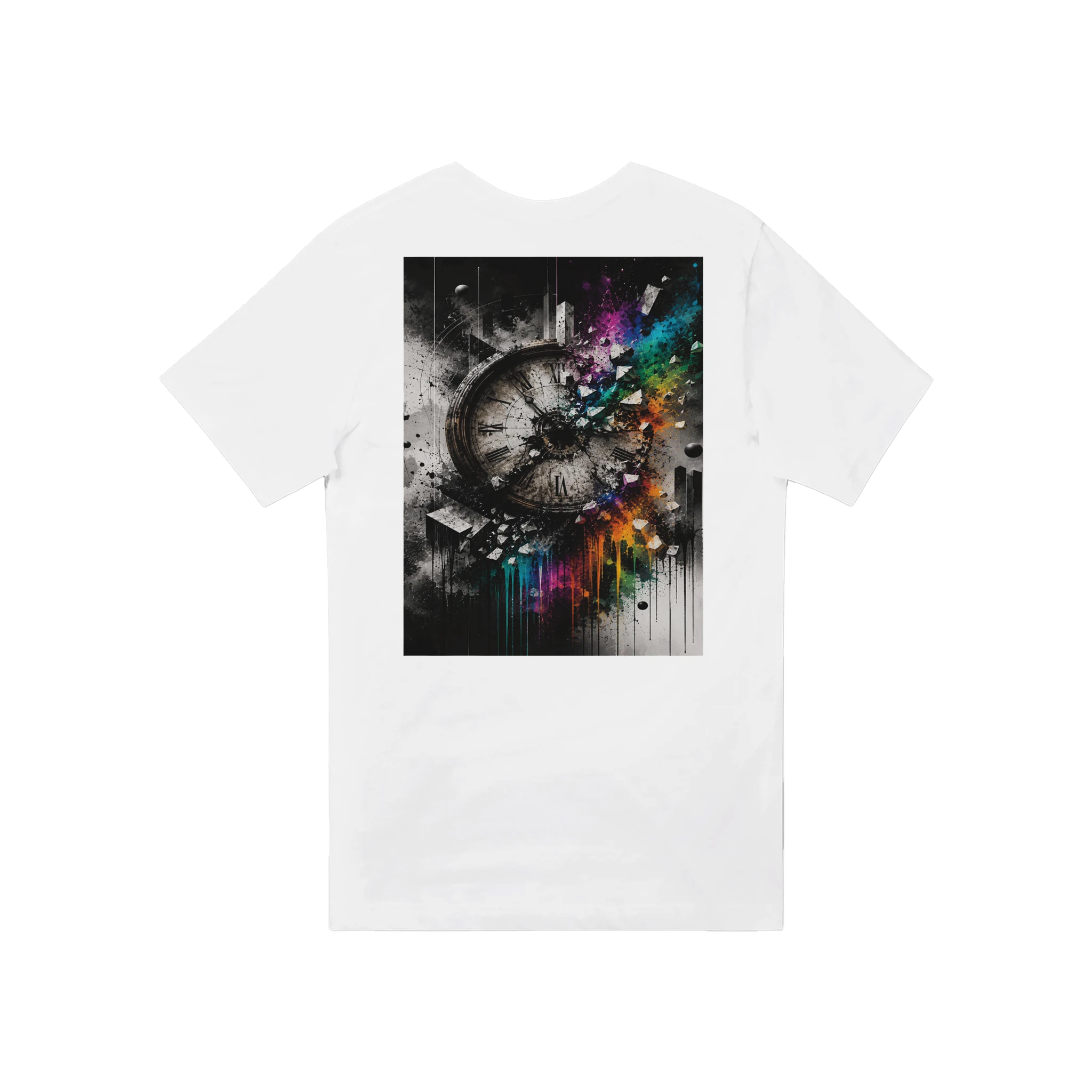 Back view of a white unisex V-neck T-shirt featuring a large surreal street art graphic of a shattered vintage clock with rainbow powder splashes, symbolizing time, transformation, and creative expression.