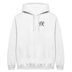 White Personiq Kaleido hoodie shown from the front with a minimal black PK monogram on the chest and a clean unisex streetwear look.