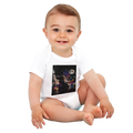 Smiling baby wearing a white organic bodysuit featuring the Little Souls Moonlight Dreams fantasy artwork with moon, butterflies, and colorful city lights.