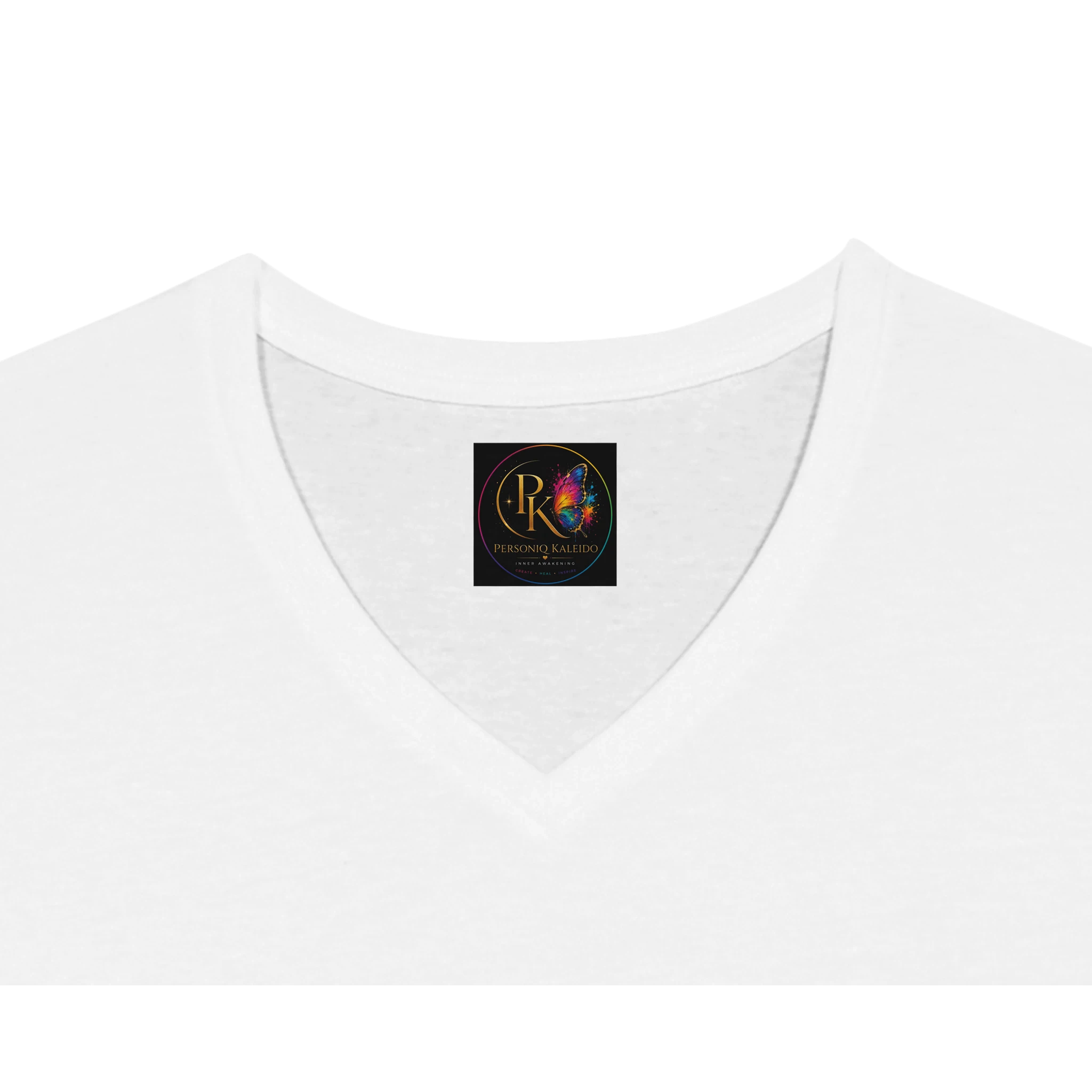 Close-up of a white V-neck T-shirt featuring a Personiq Kaleido branded inner neck label.