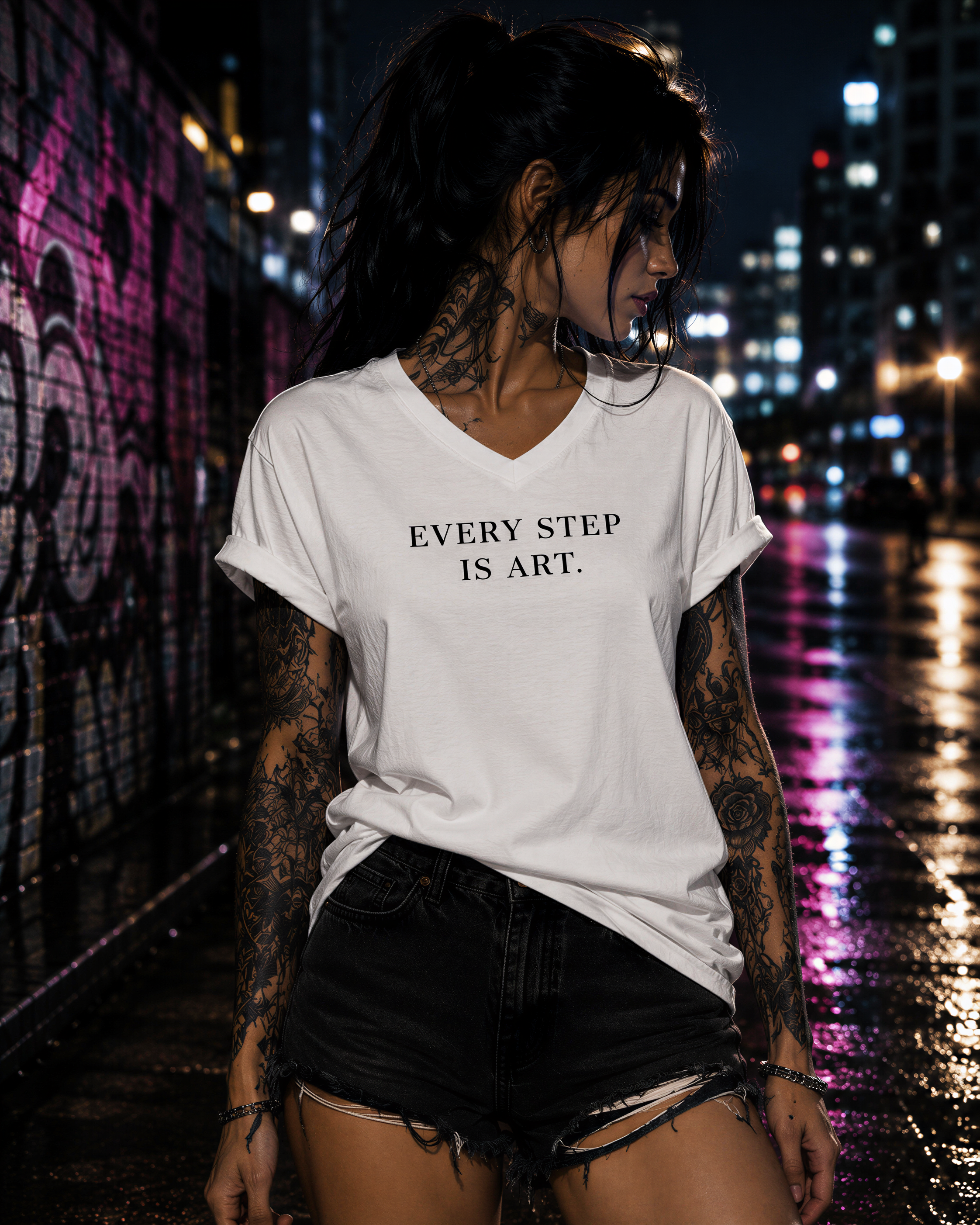 Tattooed woman wearing a Personiq Kaleido T-Shirt with "Every step is art." front design and mininmalist streetwear style.