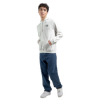 Male model wearing a white hoodie with a small black Personiq Kaleido monogram on the left chest, relaxed blue jeans and white sneakers.