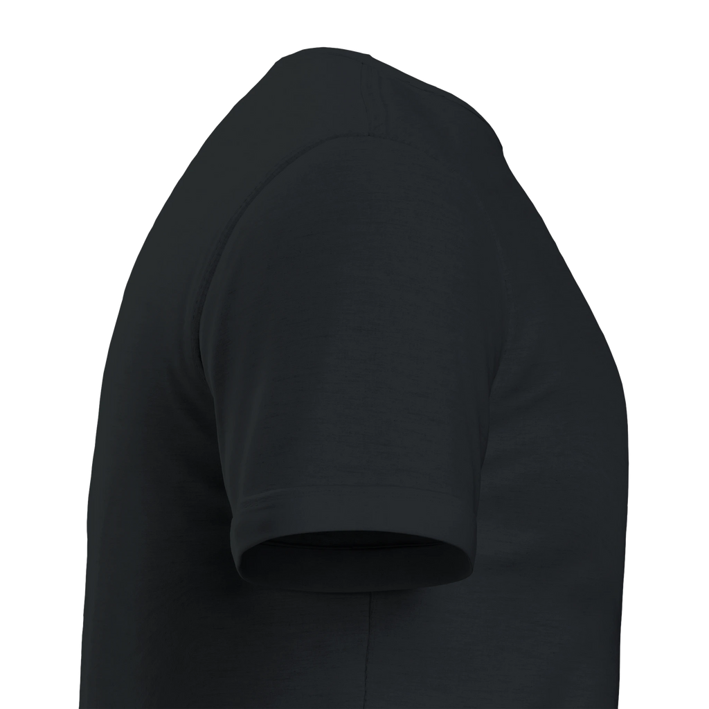Close-up side view of a black unisex T-shirt, highlighting the short sleeve, smooth fabric and clean seam construction.