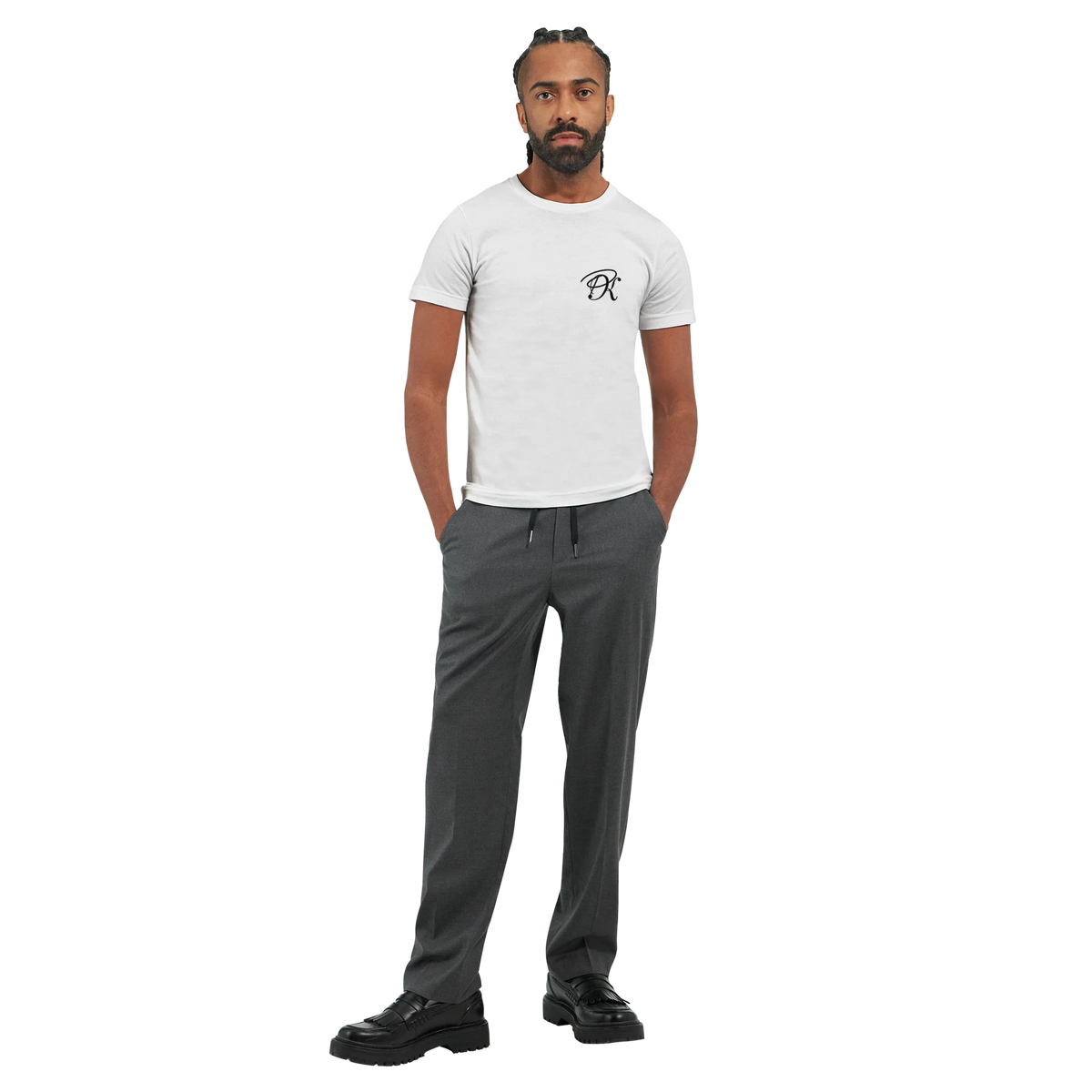 Male model wearing a white T-shirt with a small black PK logo on the chest, shown in a full-body front view with dark grey trousers for a clean, modern unisex streetwear look.