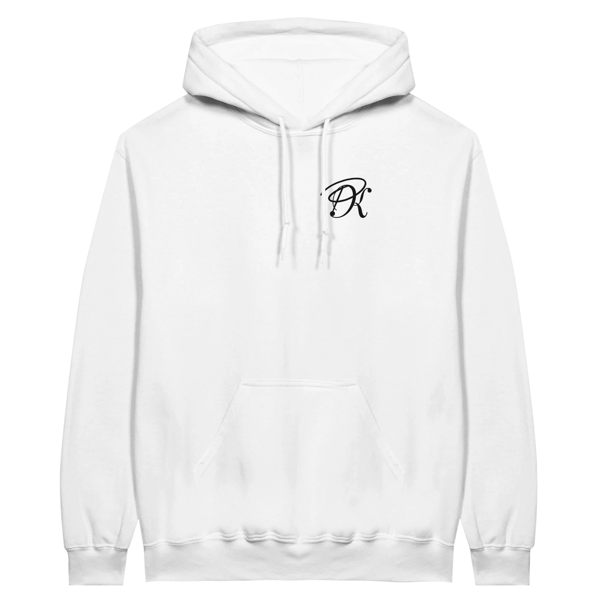 White Gildan hoodie shown from the front with a small black Personiq Kaleido monogram on the chest, featuring a clean minimalist streetwear look.