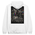 White urban streetwear hoodie with black and white crane cityscape back print and selective neon rainbow graffiti details.